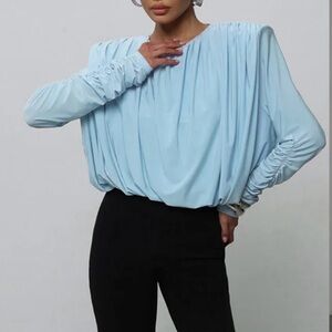 SooLinen BLUE solid wrinkled patchwork body suit- size small! NWT